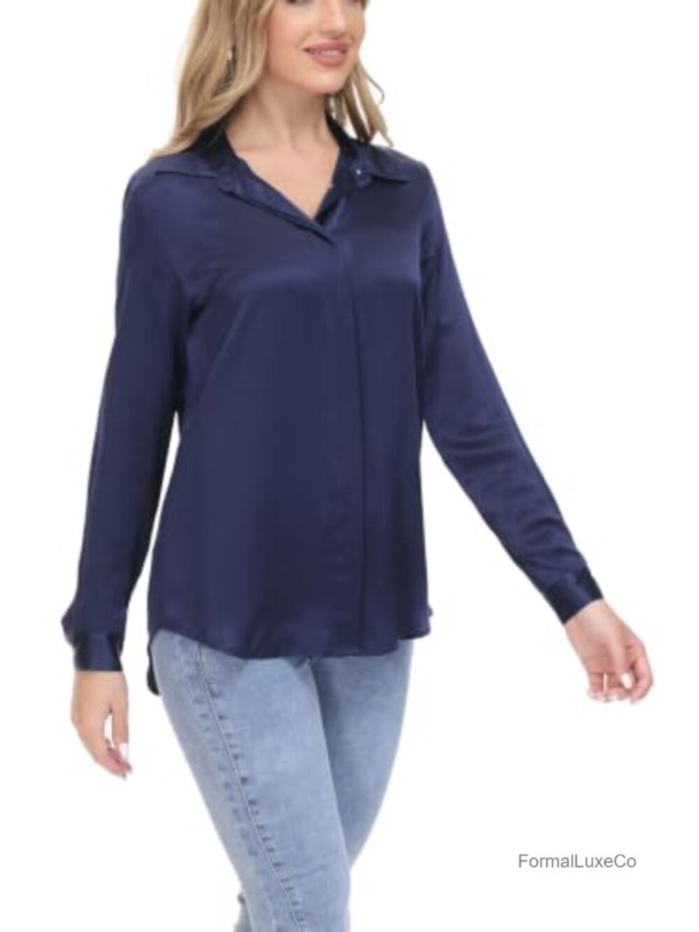 100% Mulberry Silk Charmeuse Blouse Long Sleeve Button-Down Shirt